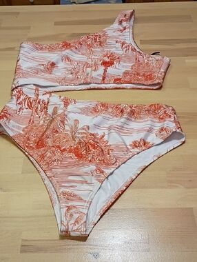 NWT Noli Paradise Orange and White Jungle Isla One-Piece Swim Off Shoulder Sz Lg